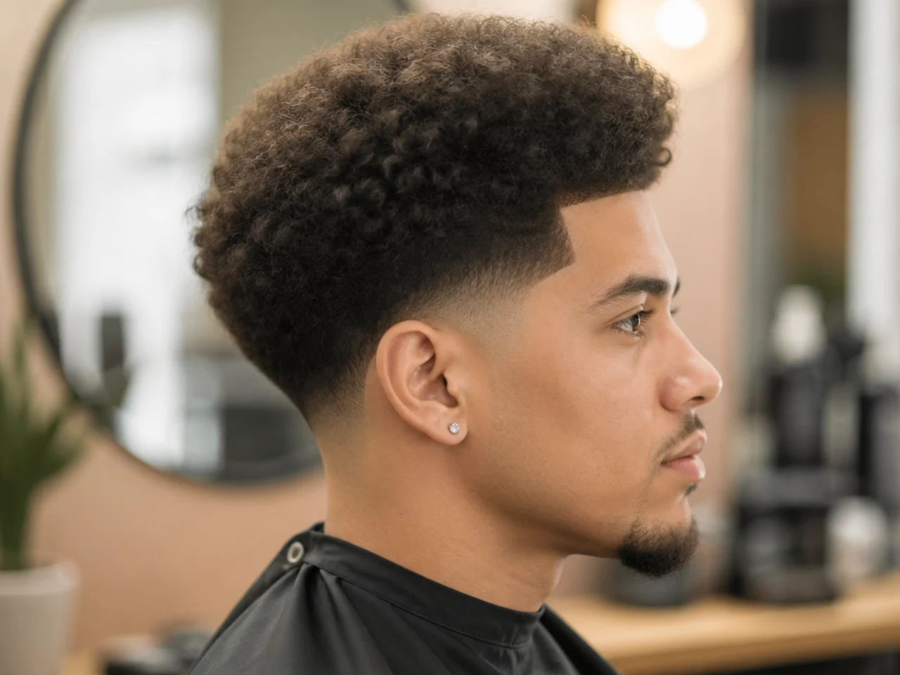 Front view of a 16 guard blowout taper on straight brown hair, two inches puffed forward with a soft taper at the temples