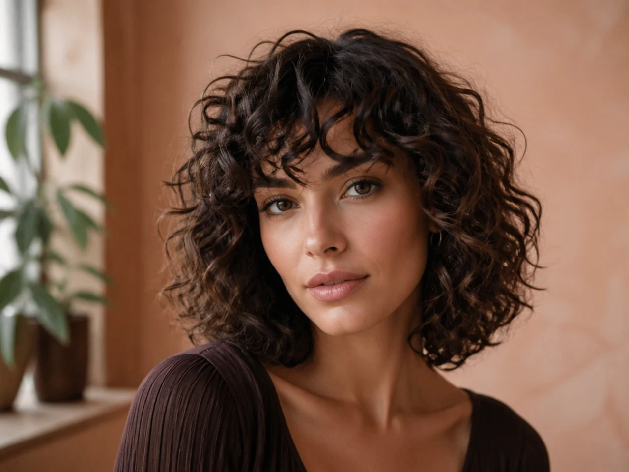 realistic photo of a curly lob with defined layers, strawberry blonde color, wavy texture, showcasing bouncy curls