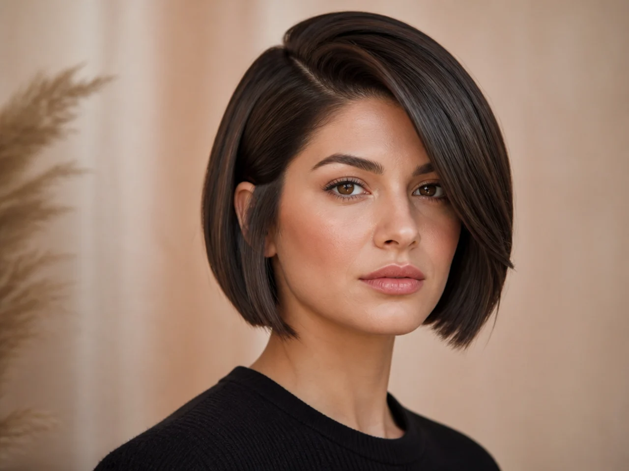 realistic photo of a sleek bob with a deep side part, jet black color, angular face shape, straight and shiny