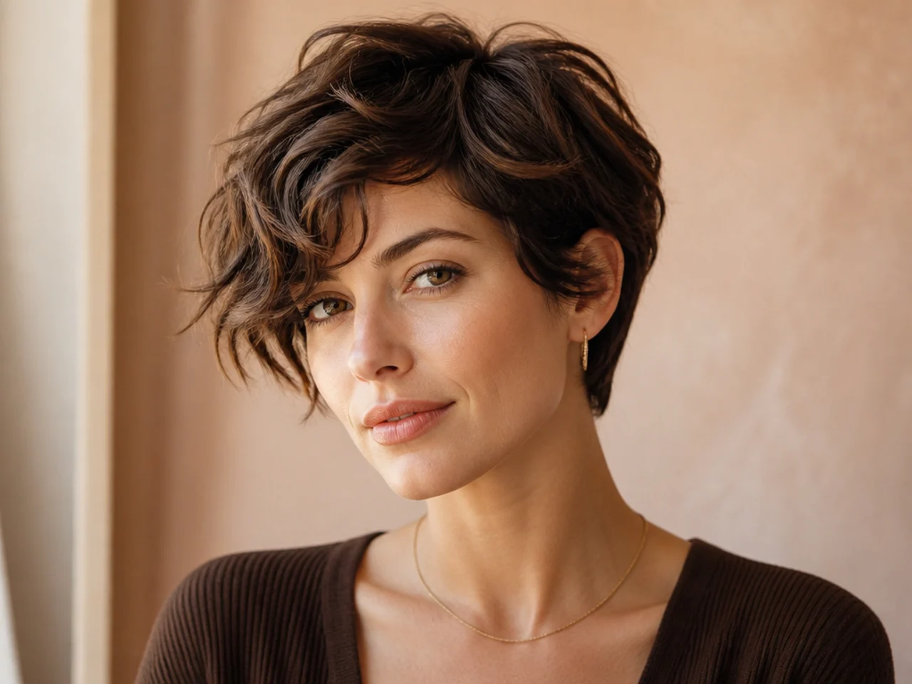 realistic photo of a wavy pixie cut with long layers, copper color, thin hair, showing volume and movement