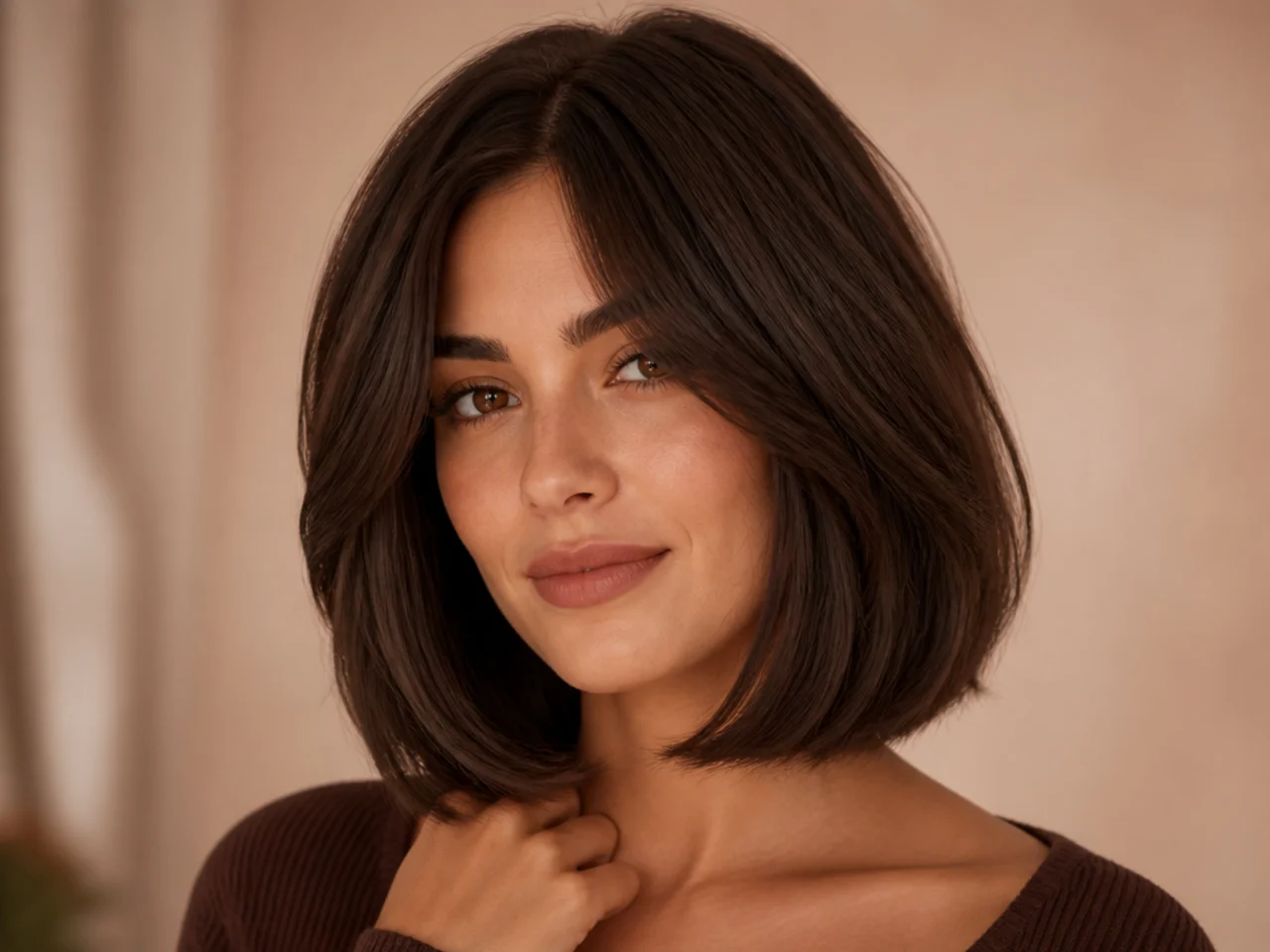 realistic photo of a back length bob with subtle layers, light brown color, rounded at the ends