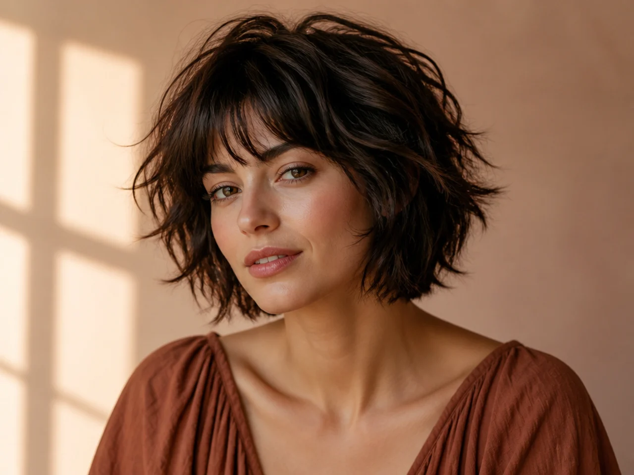 realistic photo of a messy textured cut, golden blonde color, casual and tousled look