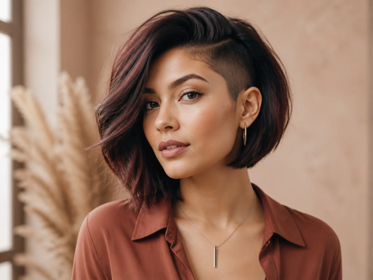 realistic photo of a bold undercut bob with vibrant color, deep purple color, showing the bold contrast between the top and shaved sides