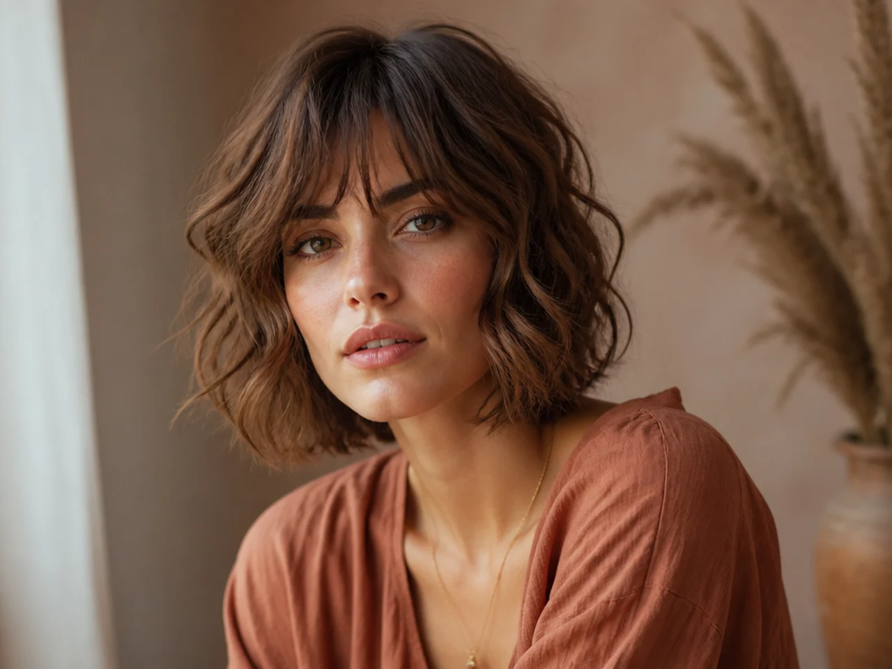 realistic photo of beachy waves with long bangs, soft caramel color, showcasing cascading waves and soft strands in front