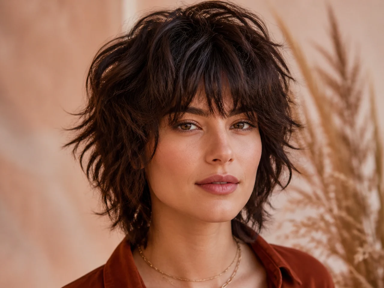 realistic photo of a modern shag with choppy layers, ash blonde color, tousled and bold texture