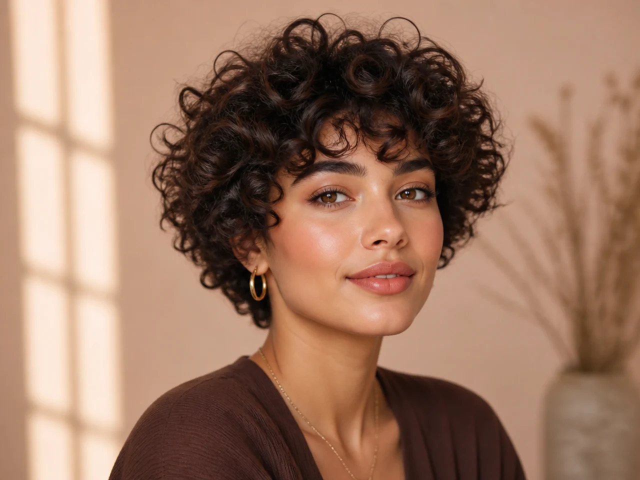 realistic photo of a curly short cut with defined curls, fiery red color, showcasing lively and voluminous curls