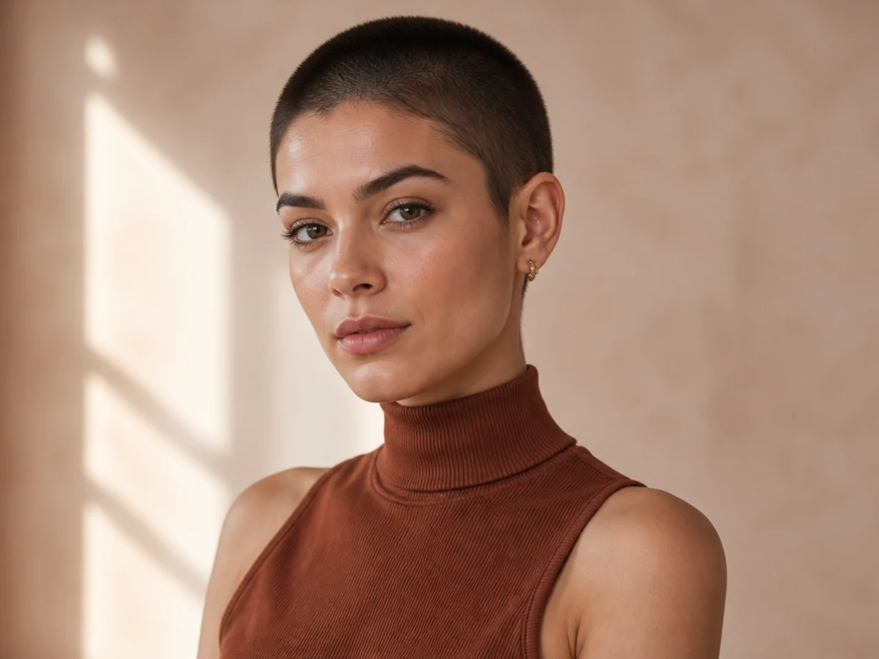 realistic photo of a sleek buzz cut, jet black color, showcasing strong cheekbones and confident vibe