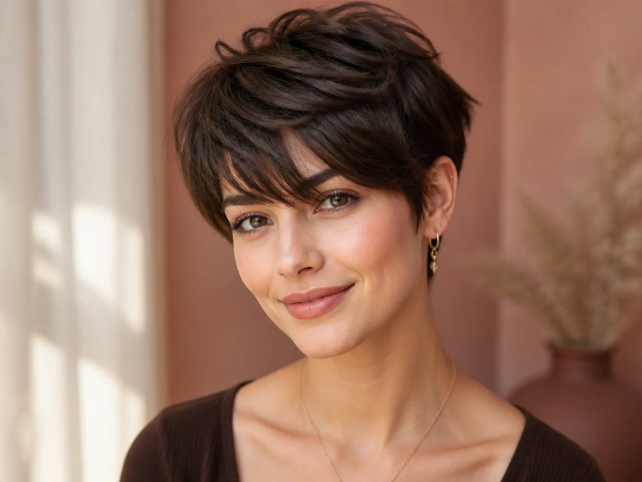 realistic photo of a disconnected pixie cut with dark brown color, round face shape, featuring longer layers on top for volume