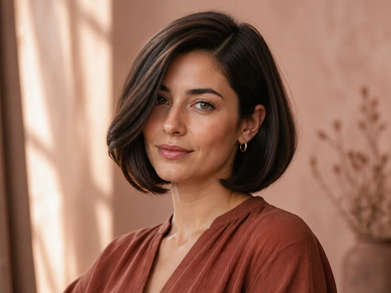 realistic photo of a side-parted classic bob, golden brown color, showcasing smooth and classic lines