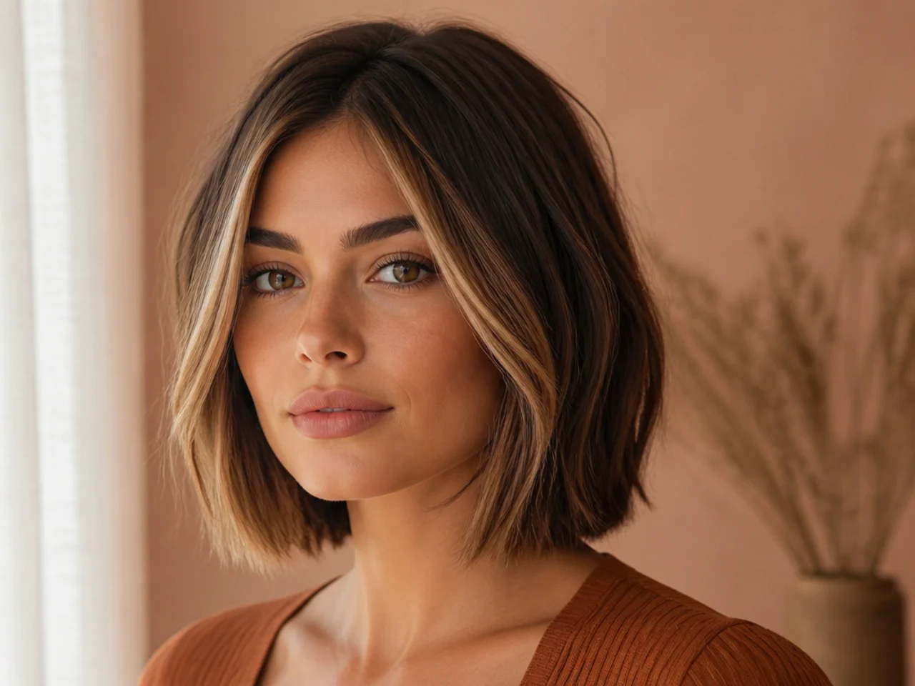 realistic photo of a blunt lob with caramel face-framing highlights, square face shape, straight and sleek style