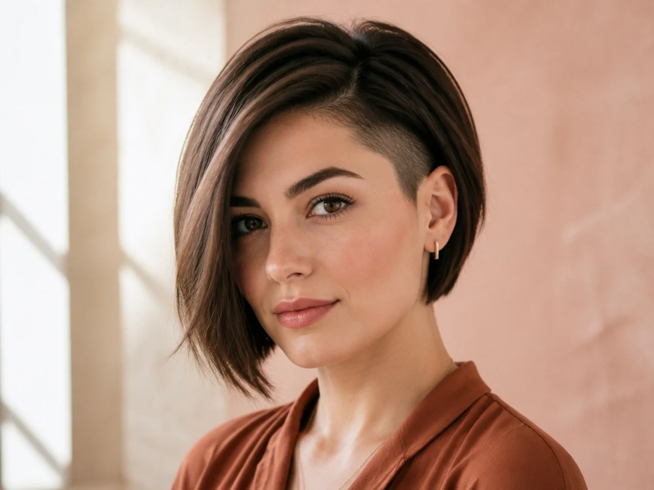 realistic photo of an A-line bob with a subtle undercut, medium brown color, oblong face shape, with longer front sections