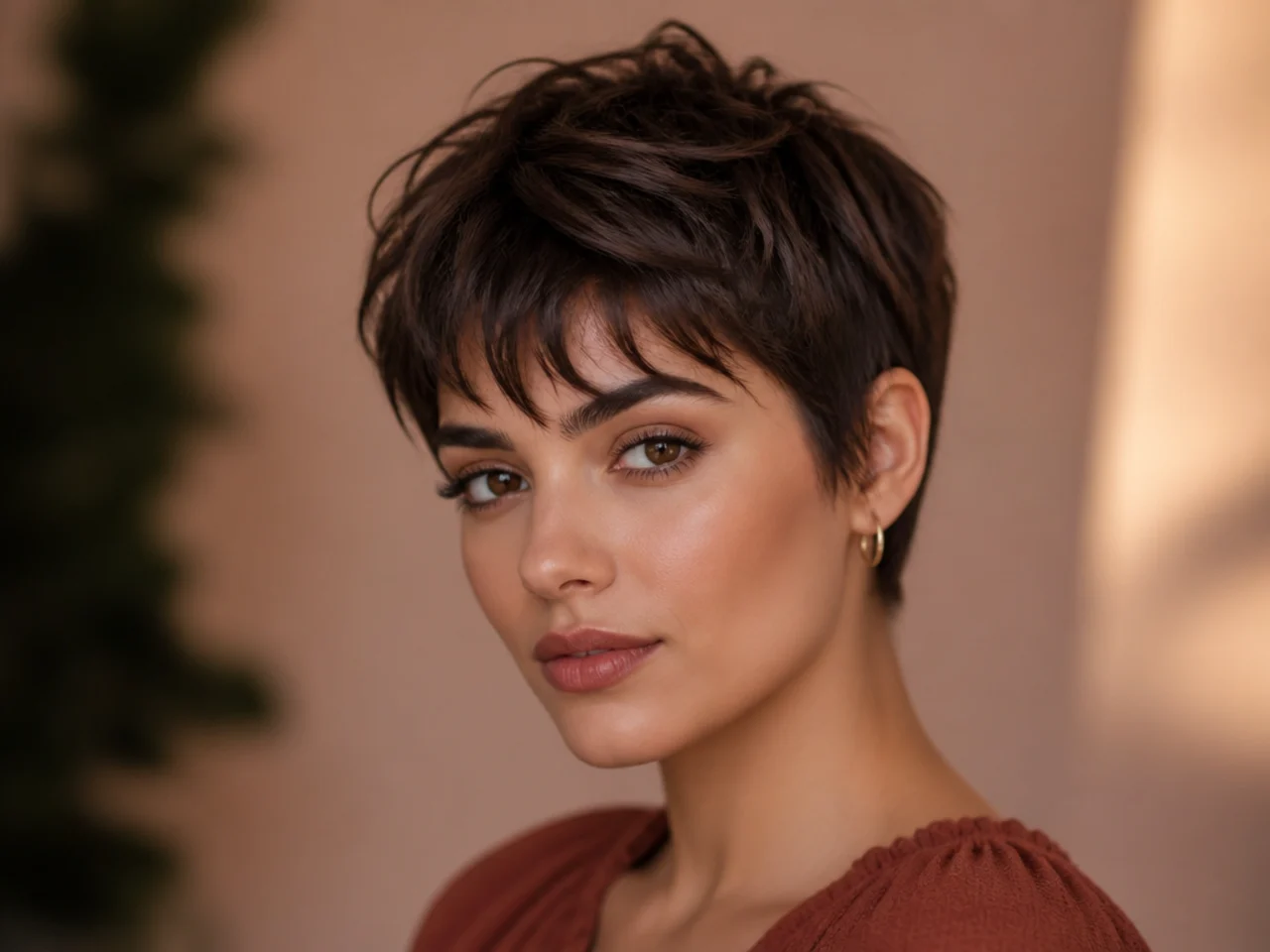 realistic photo of a layered pixie cut with soft fringes, light ash brown color, triangular face shape, with textured layers on top