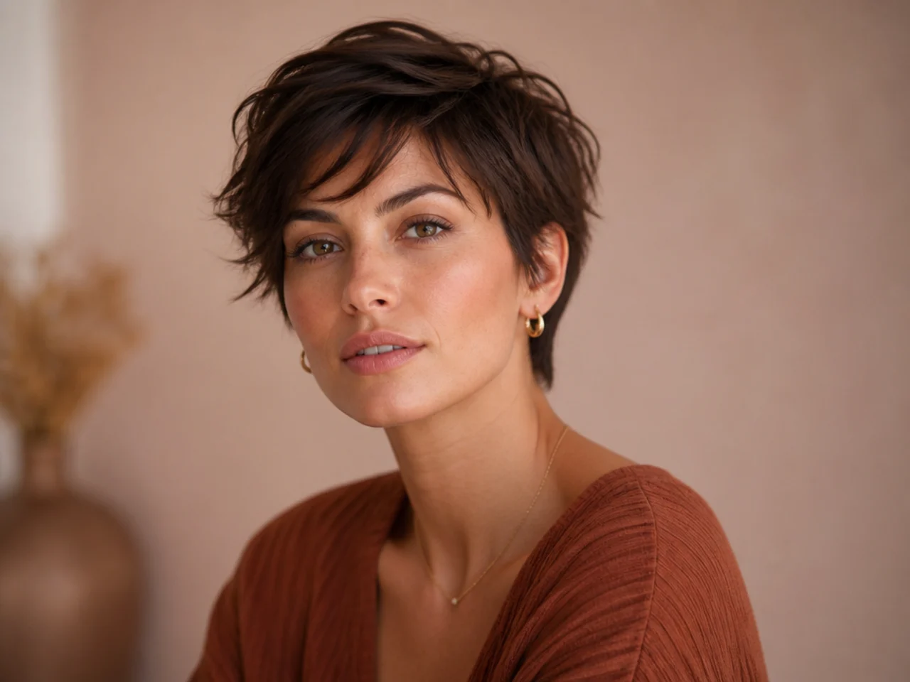 realistic photo of a textured crop with wispy ends, auburn color, diamond face shape, with soft and airy texture