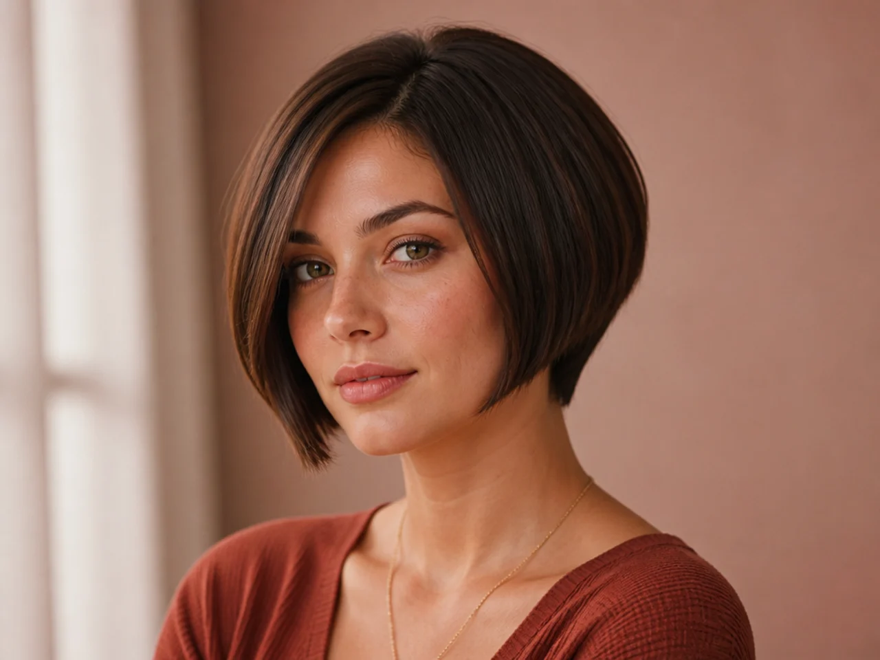realistic photo of a blunt cut with a tapered nape, brunette color, pear-shaped face, with a clean edge at the ends