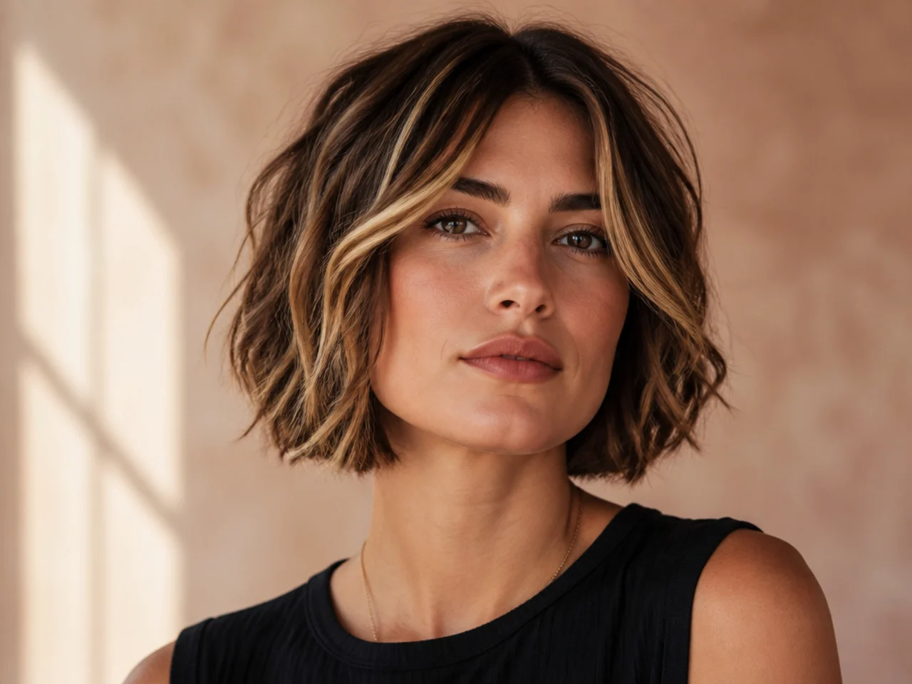 realistic photo of a rugged bob with chunky highlights, dark blonde color, rectangular face shape, tousled and textured
