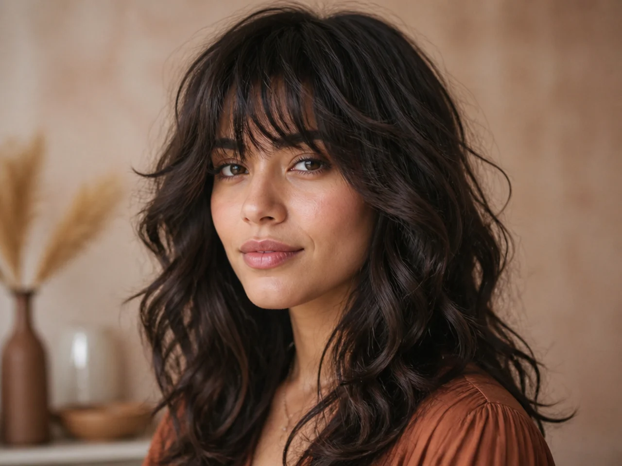 realistic photo of layered waves featuring a textured fringe, light brown hair, heart face shape, youthful and fresh style