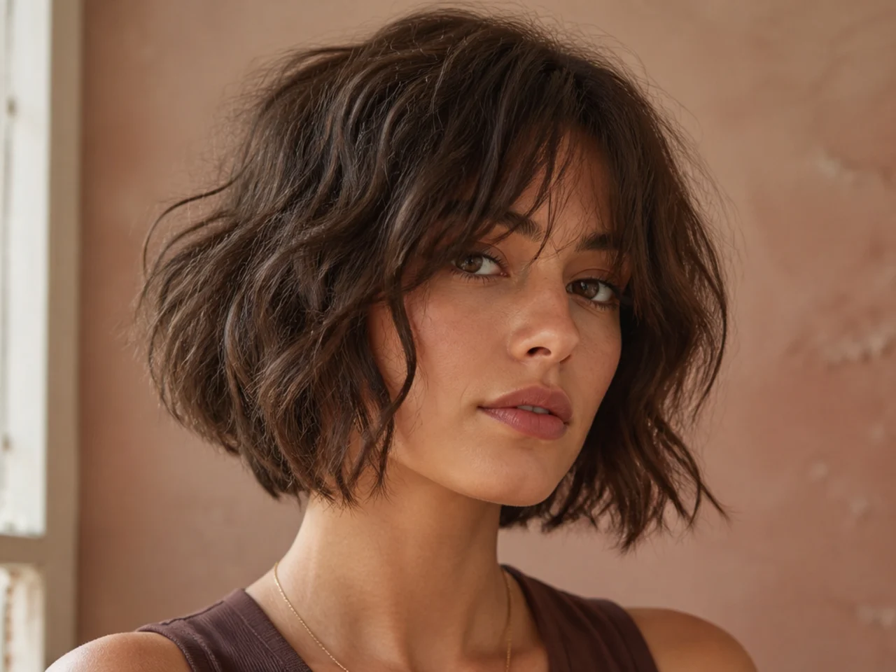 realistic photo of a disconnected bob with varied lengths, medium blonde hair, oval face shape, chic and unexpected style