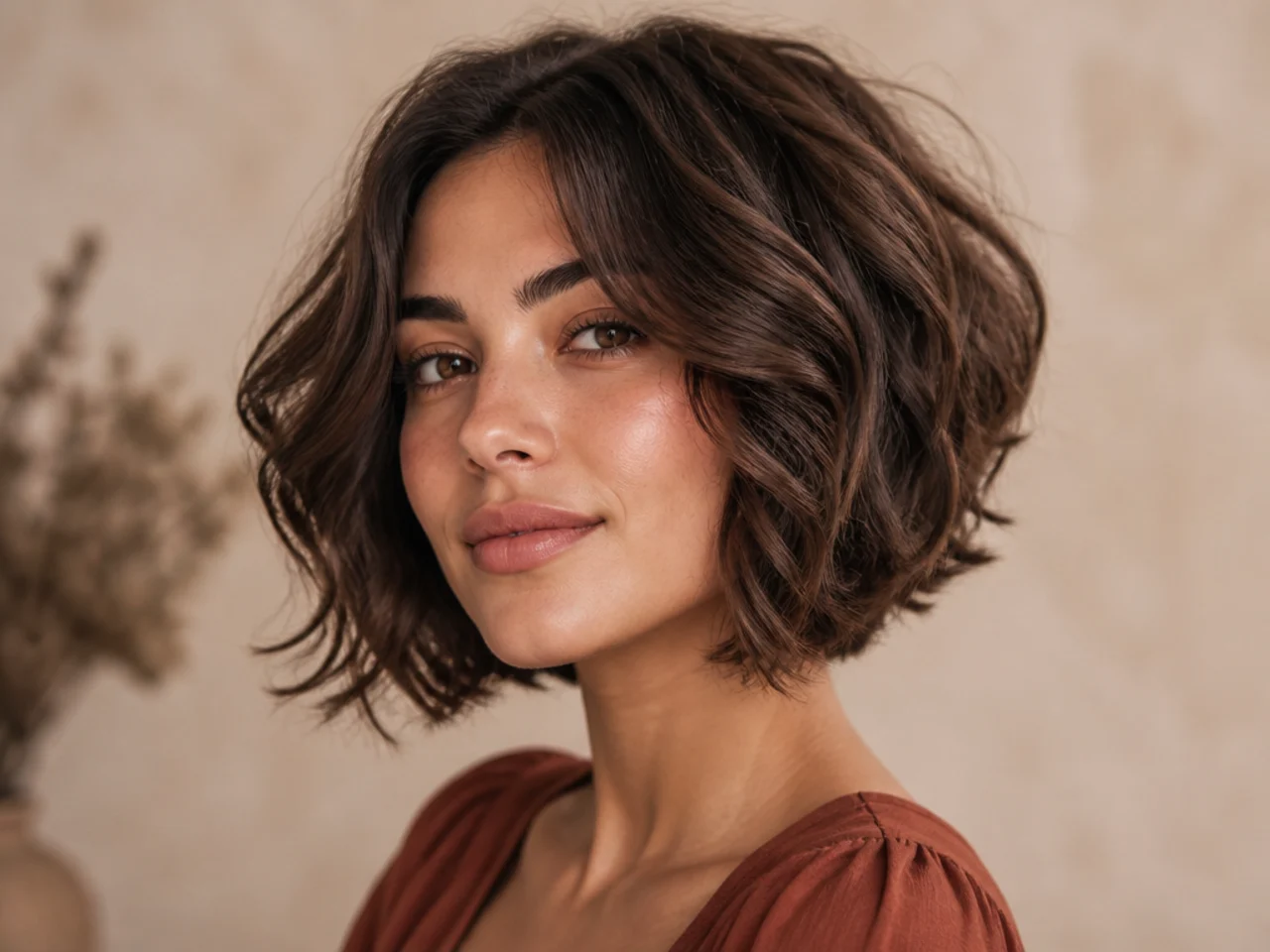 realistic photo of a graduated bob with volume at the back, rich brown hair, square face shape, polished and sophisticated look