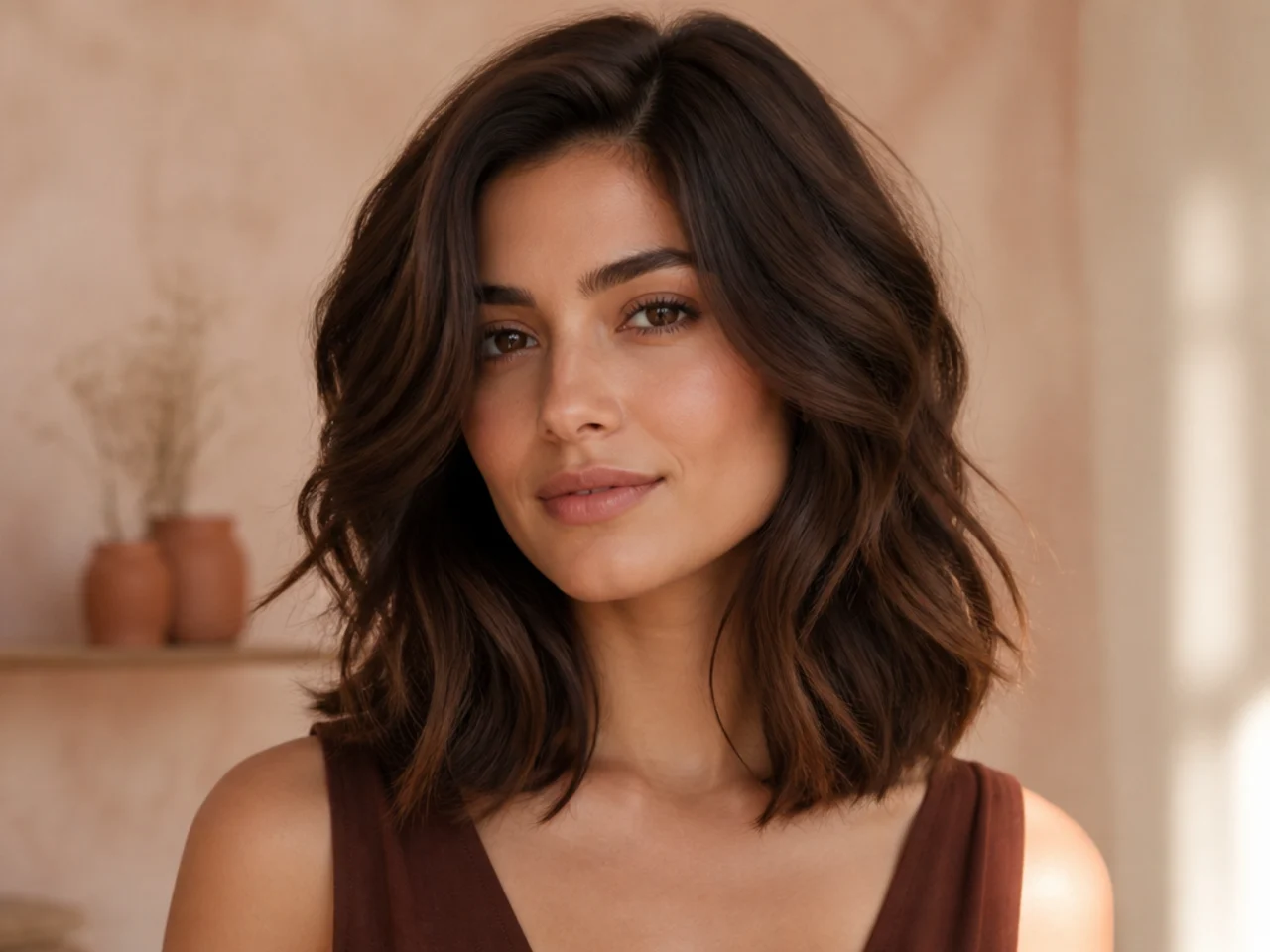 realistic photo of a smooth lob with layered texture, sandy blonde hair, triangular face shape, sleek and elegant style