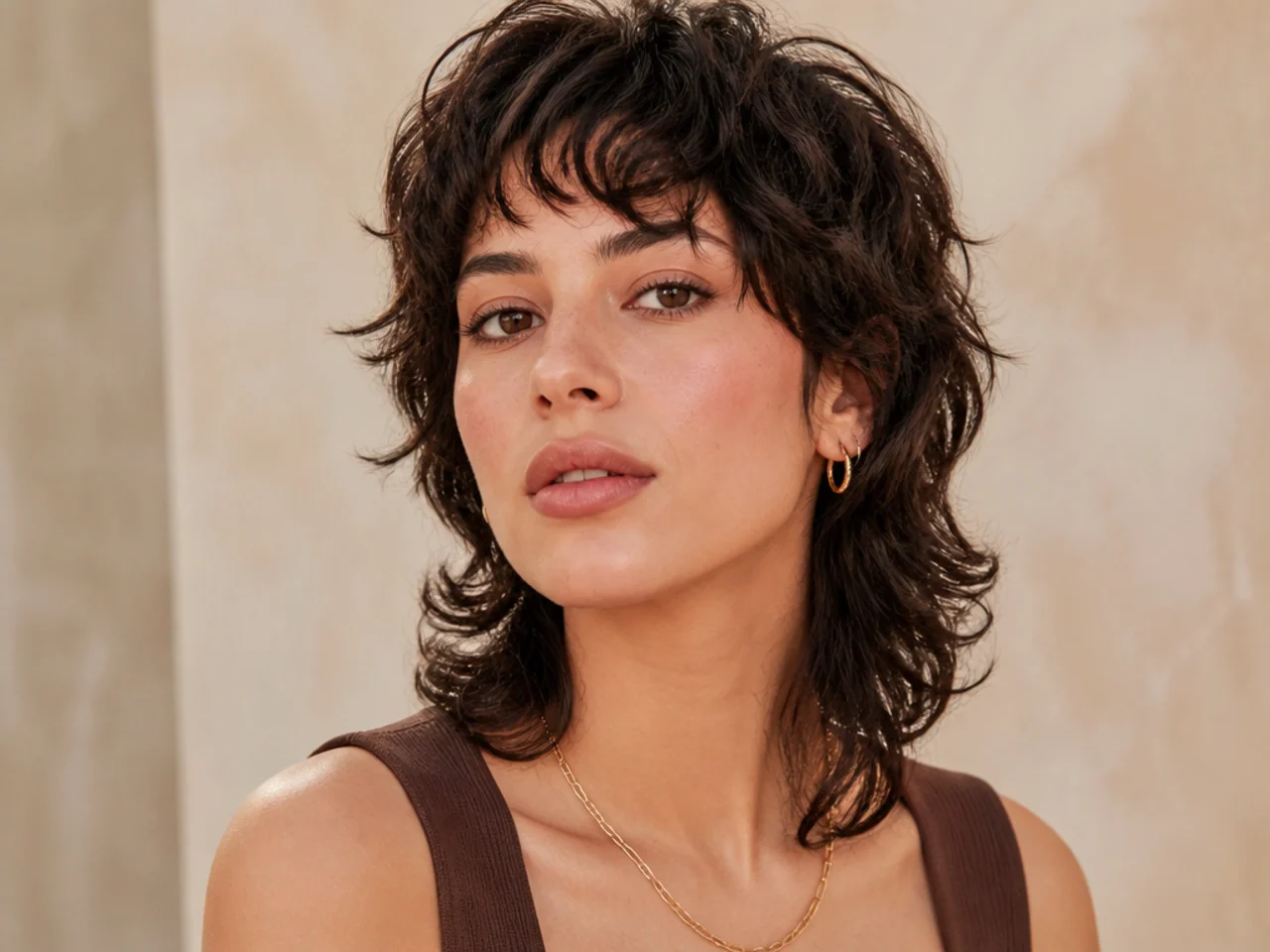 realistic photo of a playful mullet cut, dark purple hair, oval face shape, trendy and funky style