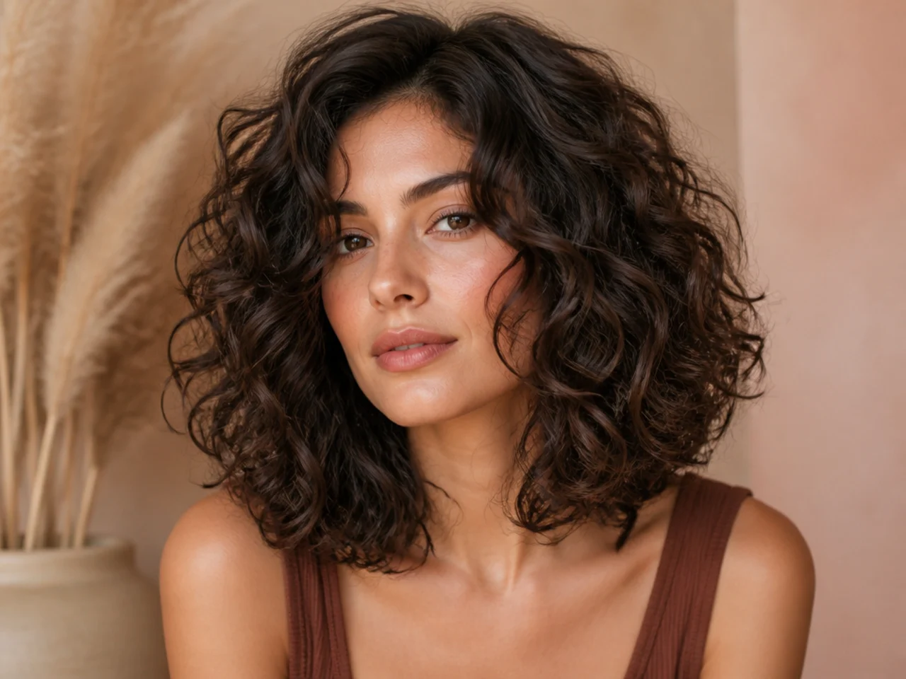 realistic photo of a curly lob with abundant volume, light brown hair, square face shape, full and lively style