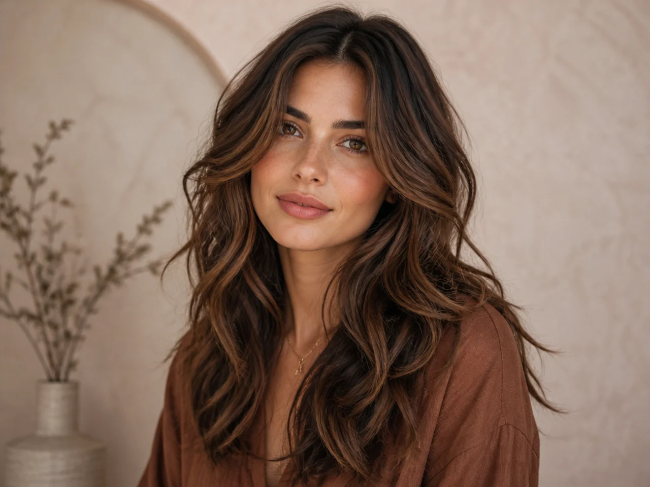 realistic photo of soft layered waves with subtle highlights, dark brown hair, heart face shape, warm and inviting style