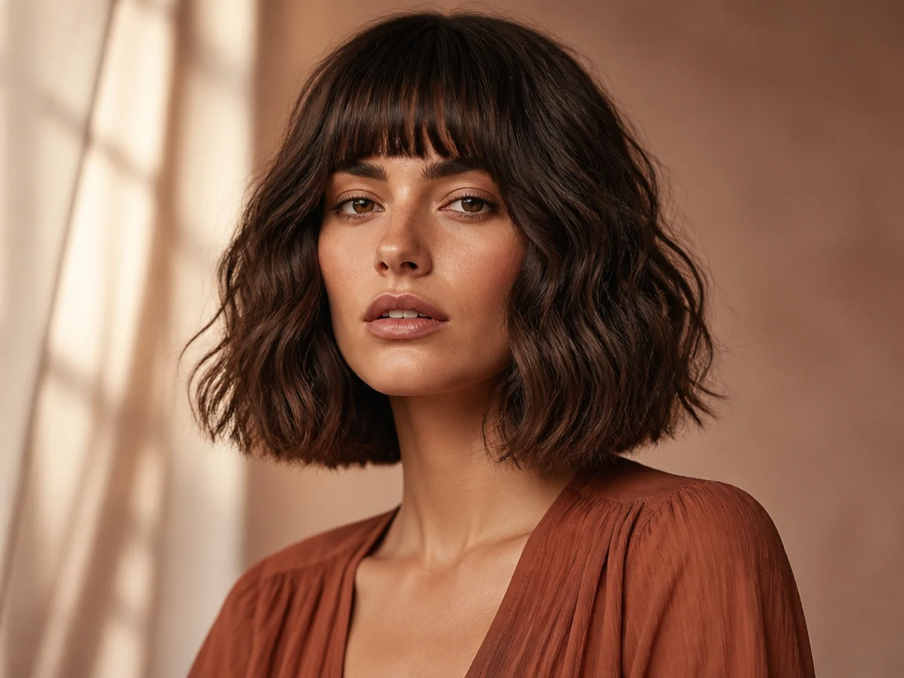 realistic photo of an edgy blunt cut with soft waves, dark blue-black hair, oval face shape, sharp and contemporary style