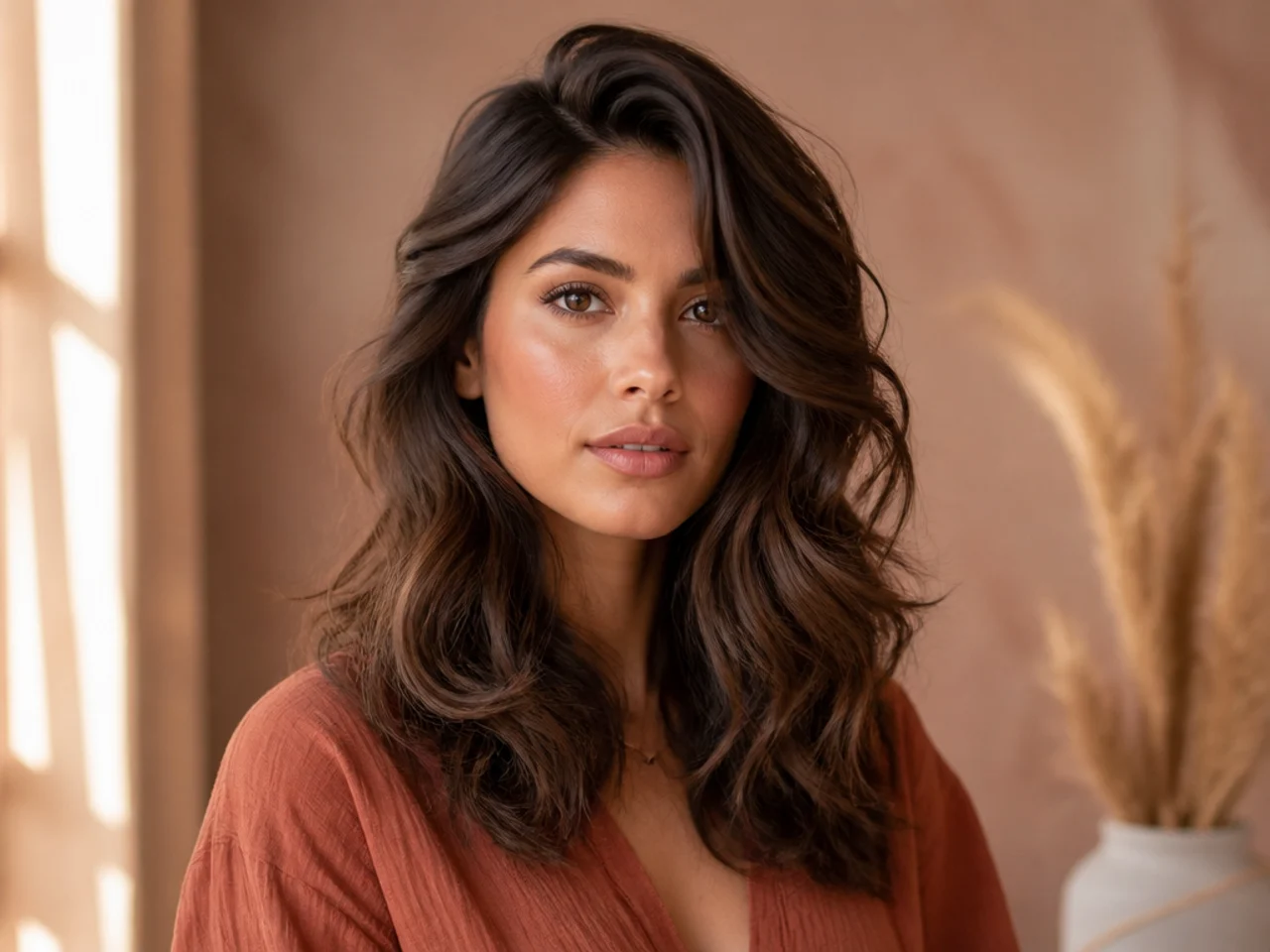 realistic photo of layered wavy hair with a side part, chestnut hair color, square face shape, relaxed and effortless look