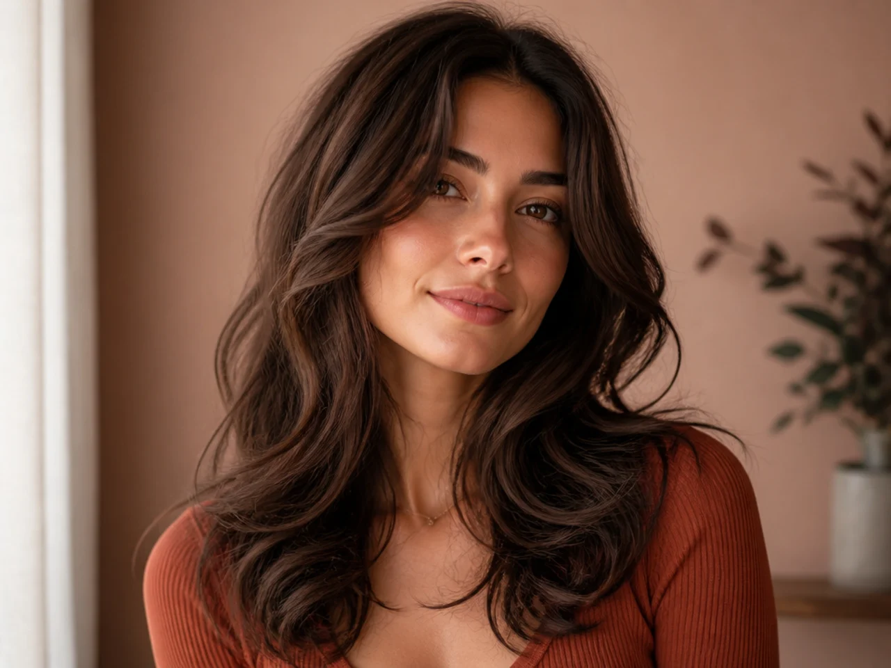 realistic photo of a long layered haircut with defined waves, brown balayage highlights, round face shape, styled with loose waves