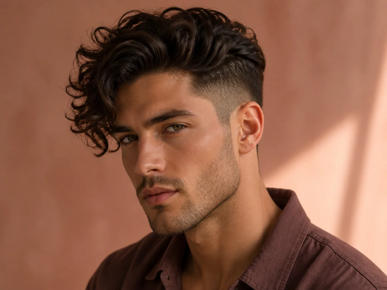 realistic photo of a bold undercut with long wavy hair on top, bright red hair, round face shape, daring and edgy style
