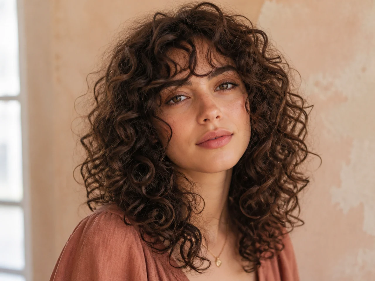realistic photo of fluffy curls with shape and volume, dark brown hair, triangular face shape, bold and vibrant style