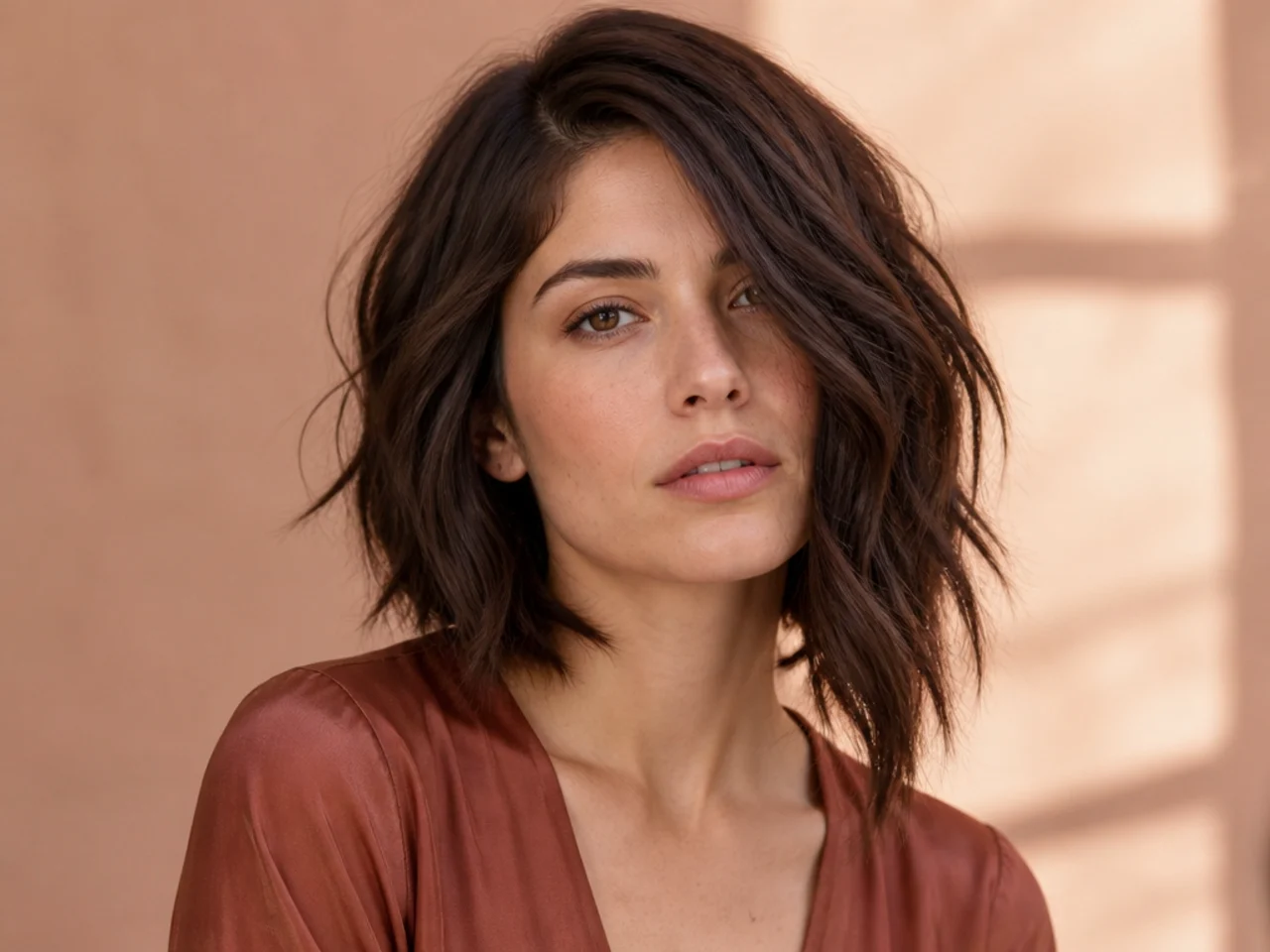 realistic photo of an asymmetrical lob, blonde balayage, round face shape, stylish and contemporary look