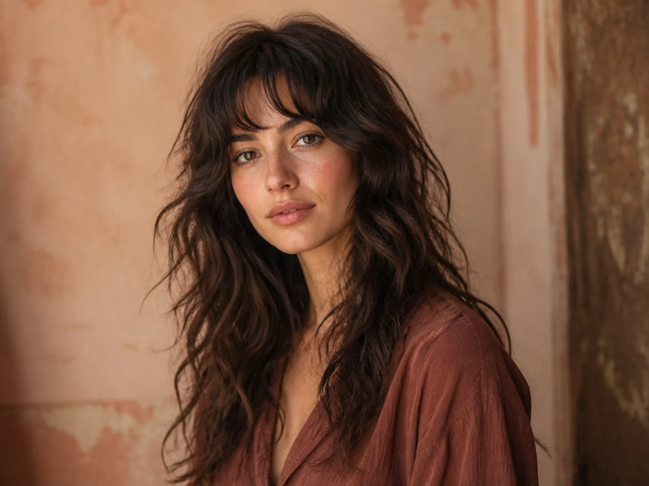realistic photo of long messy waves with bangs, deep brown hair, oval face shape, casual and relaxed appearance