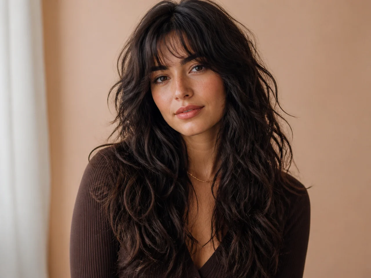 realistic photo of textured bangs paired with long flowing curls, chestnut hair, triangular face shape, romantic and feminine style