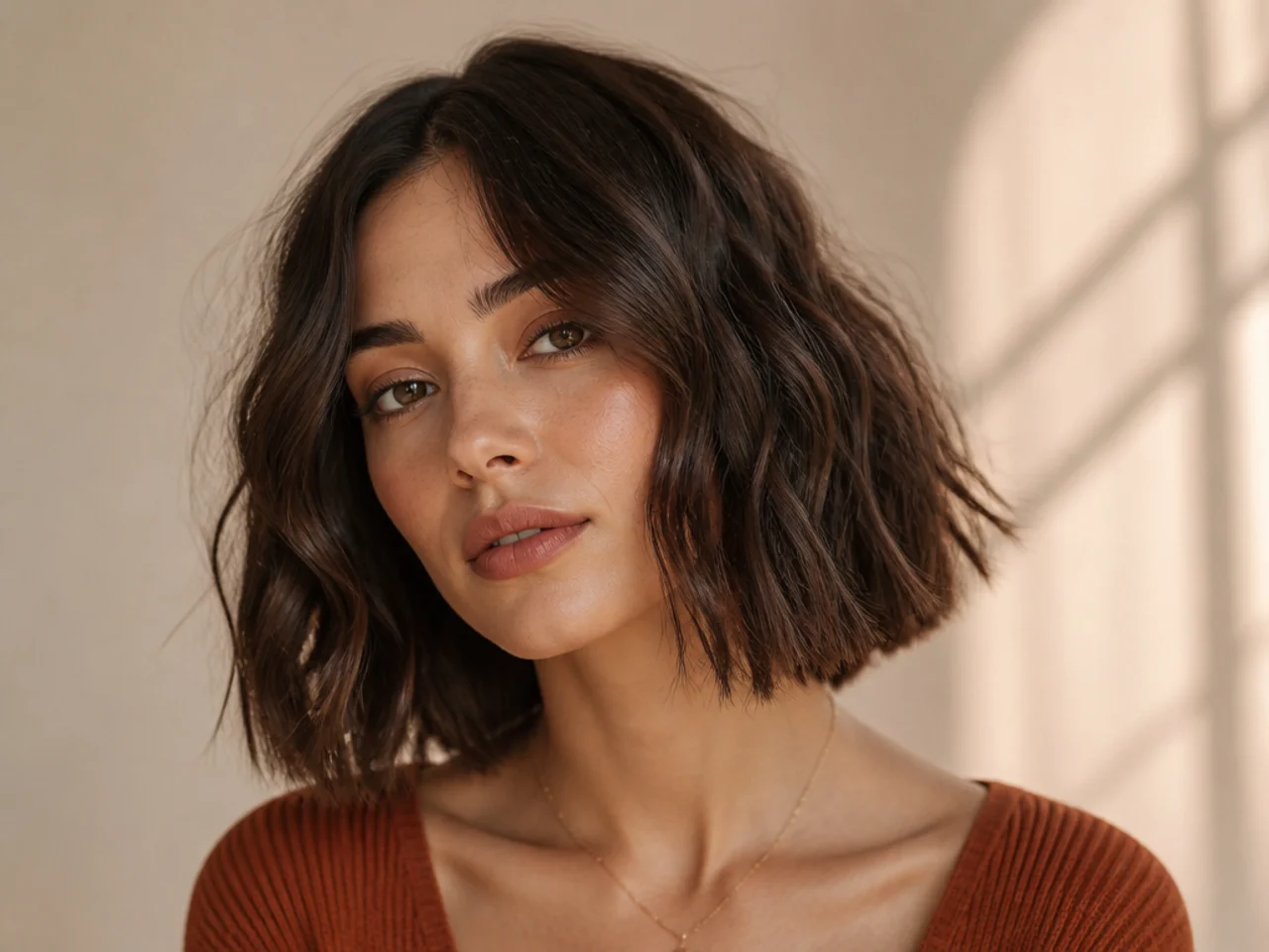 realistic photo of a chin-length blunt bob with textured ends, dark blonde hair, square face shape, sleek and polished look