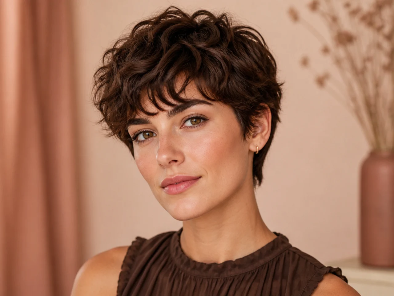 realistic photo of a choppy pixie cut with voluminous texture, dark brown hair, oval face shape, bold and edgy style