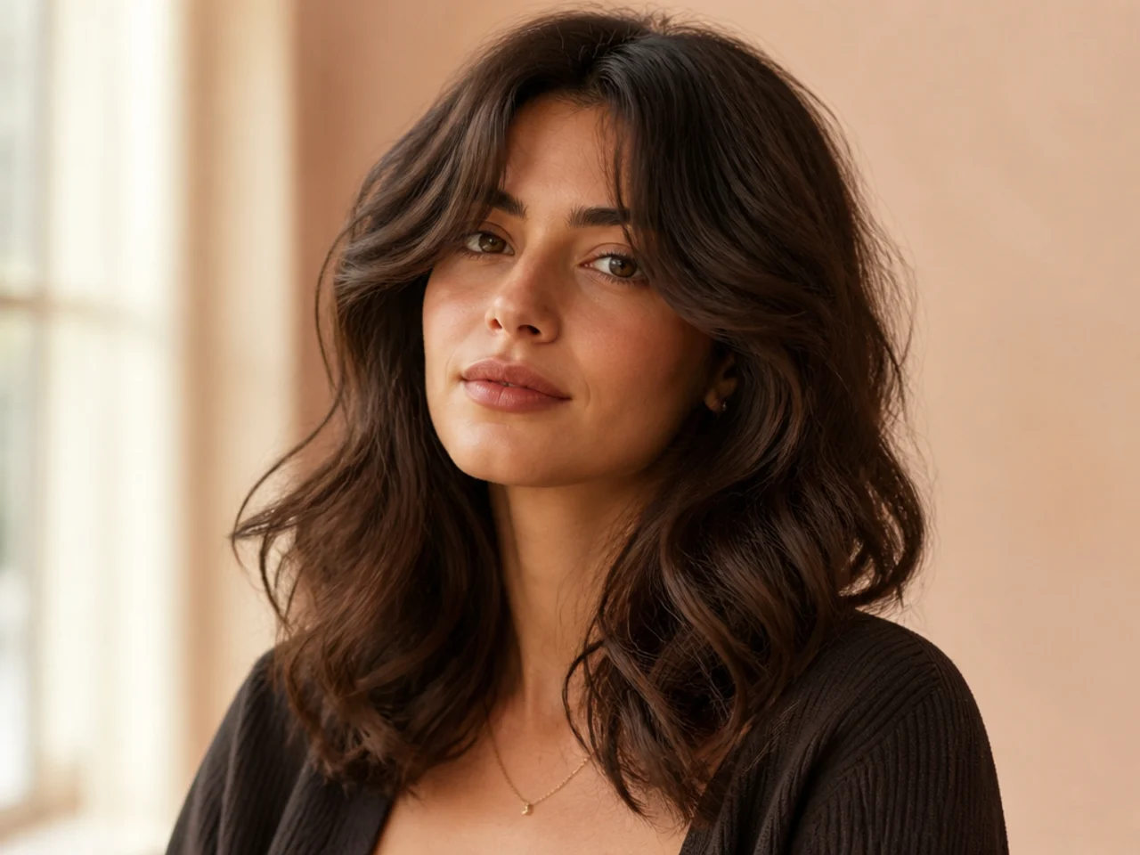 realistic photo of mid-length waves with soft layers, chestnut brown hair, heart face shape, casual and effortless look