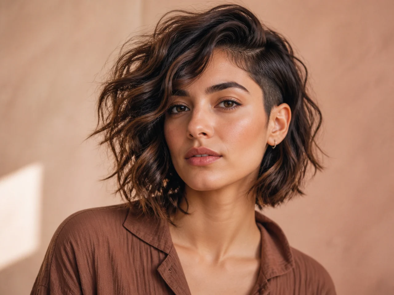 realistic photo of a textured lob with an undercut, blonde balayage, oval face shape, trendy and daring style