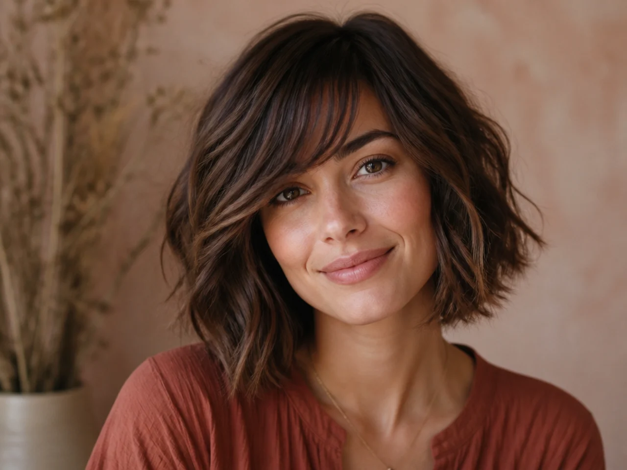 realistic photo of a soft bob with side bangs, dark auburn hair, round face shape, feminine and soft look