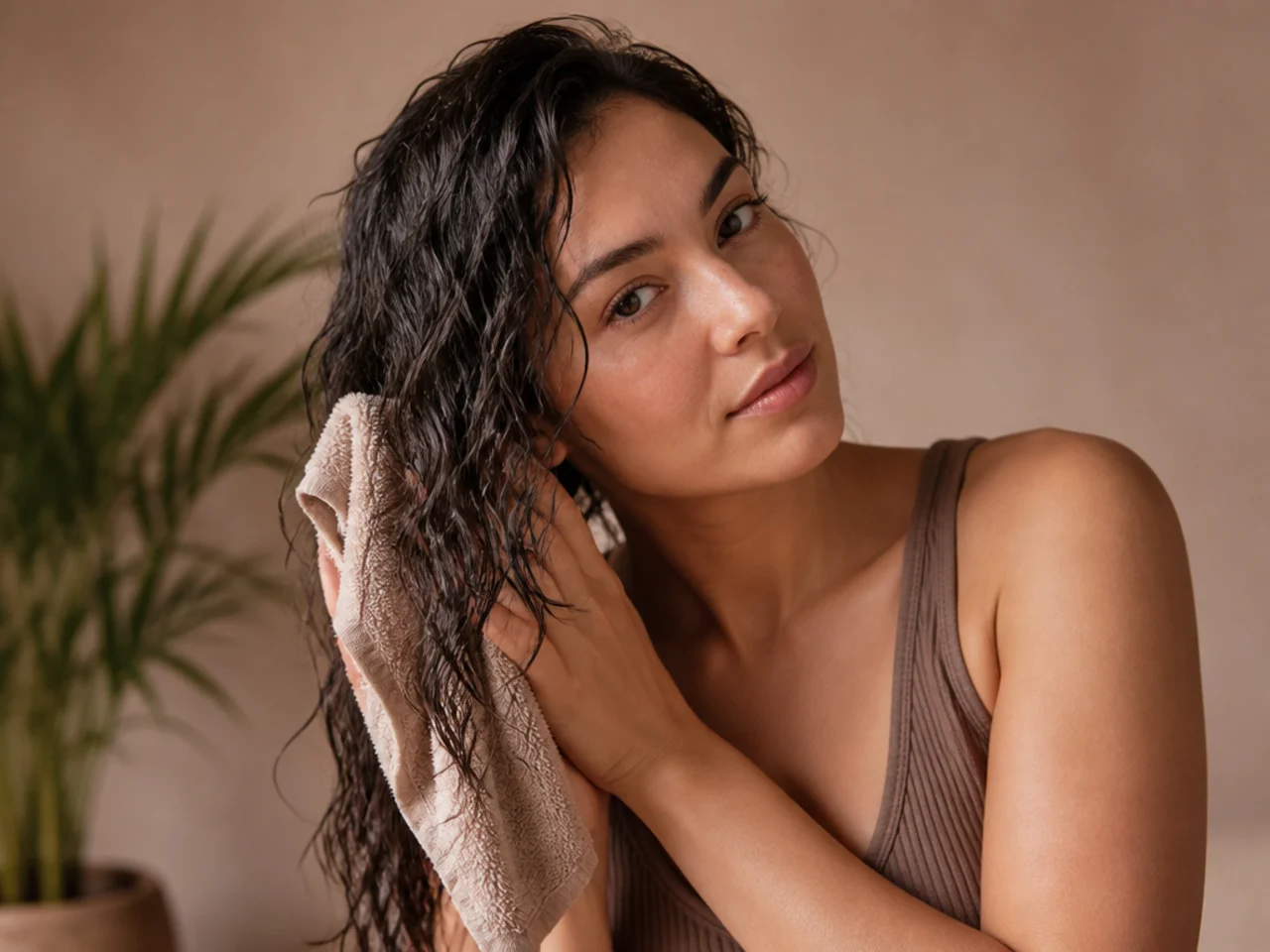 Hair squeezed with a microfibre towel