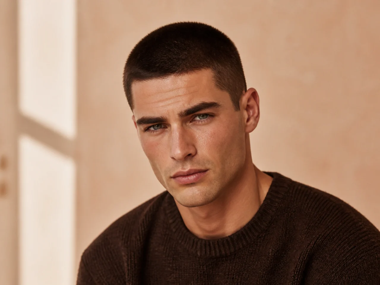 realistic photo of a blunt buzz cut, uniform length all over, clean lines, suits a square face, platinum blonde hair color, bold and chic
