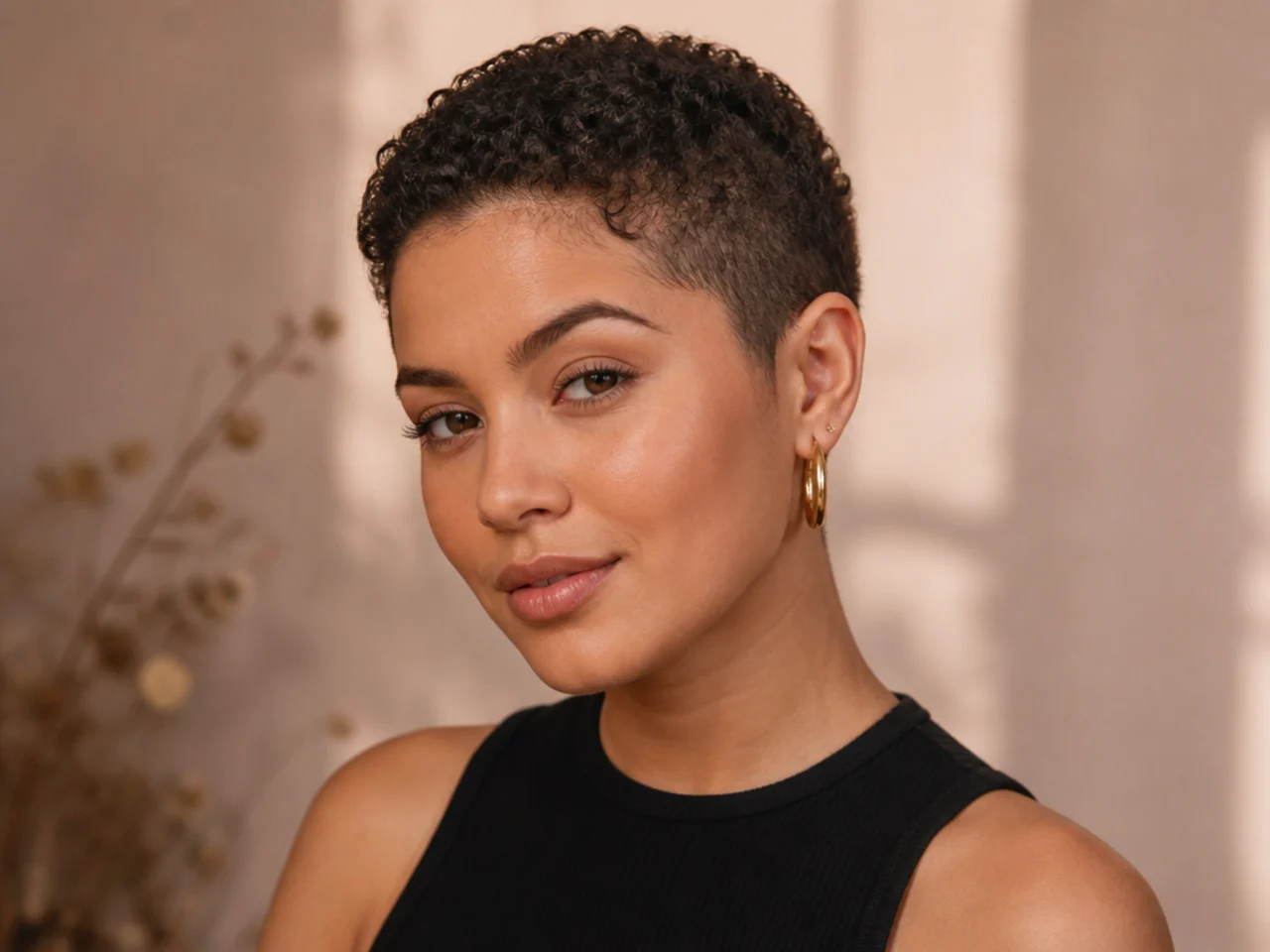 realistic photo of a curly buzz cut, soft curls on top, tapered sides, suits a round face, dark auburn color with natural shine, playful and fun