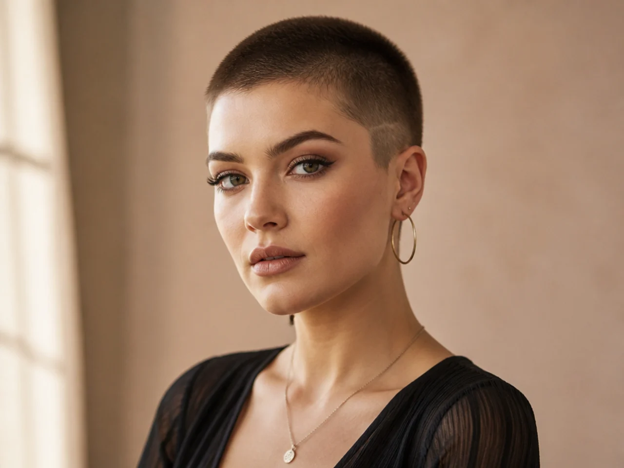 realistic photo of an angular buzz cut, longer on one side, shorter on the other, suits a heart-shaped face, rich chestnut hair color, edgy with an asymmetric appearance