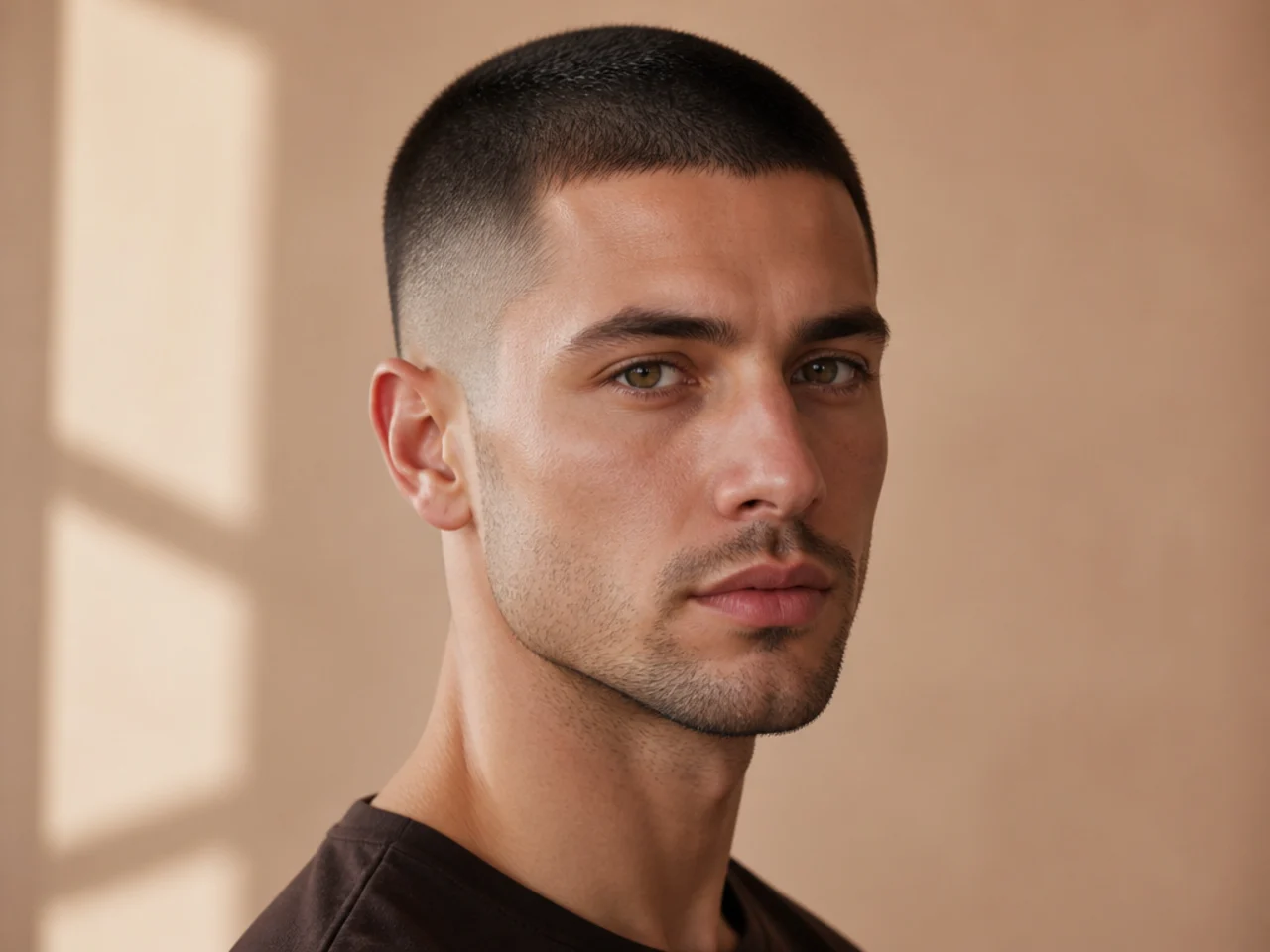 realistic photo of a fade buzz cut, gradual fade from long to short, suits a long face, dark black color, clean and modern