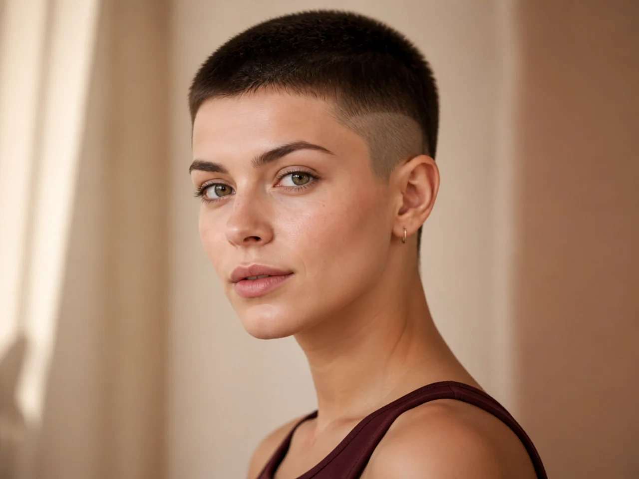realistic photo of an undercut buzz cut, very short undercut with longer top, suits a triangular face, vibrant red color, bold and trendy