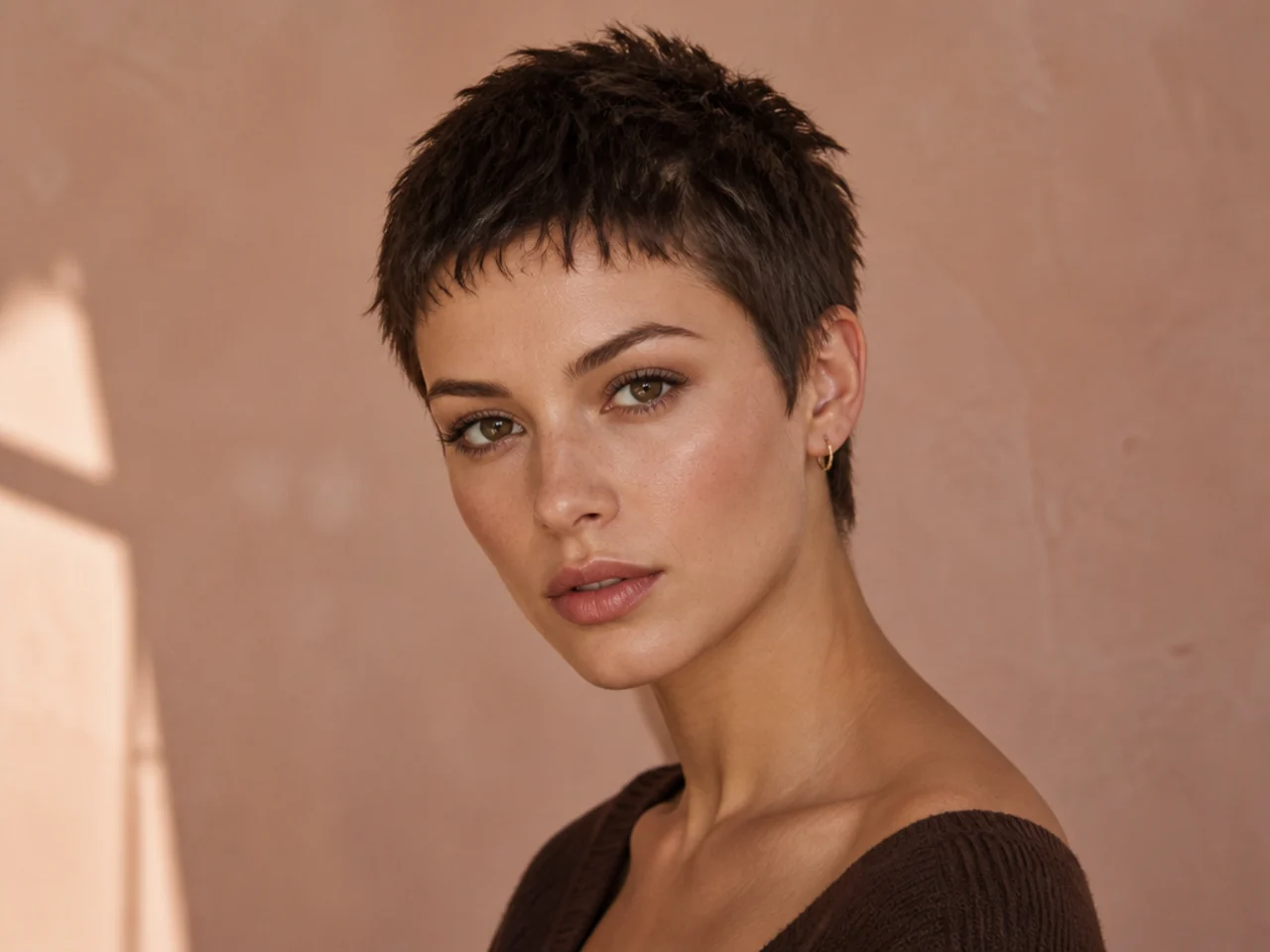 realistic photo of a shaggy buzz cut, uneven lengths on top, messy styling, suits a diamond face, balayage highlights, carefree and stylish