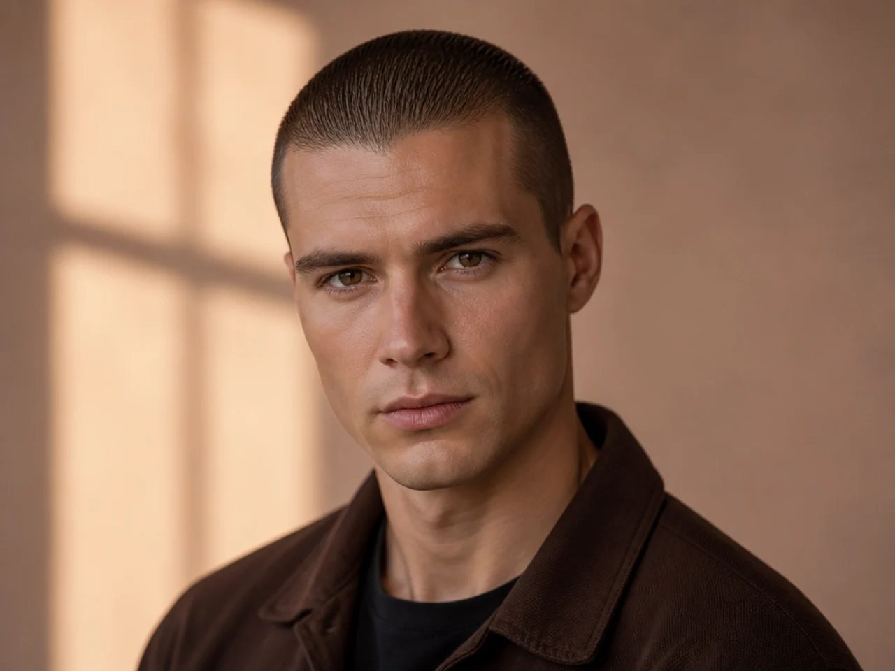 realistic photo of a slicked back buzz cut, very short but slicked back with product, suits a rectangular face, jet black coloration, sophisticated and polished