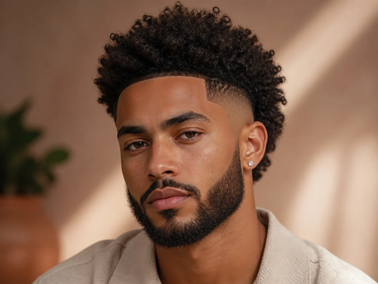 An afro burst fade with a beard