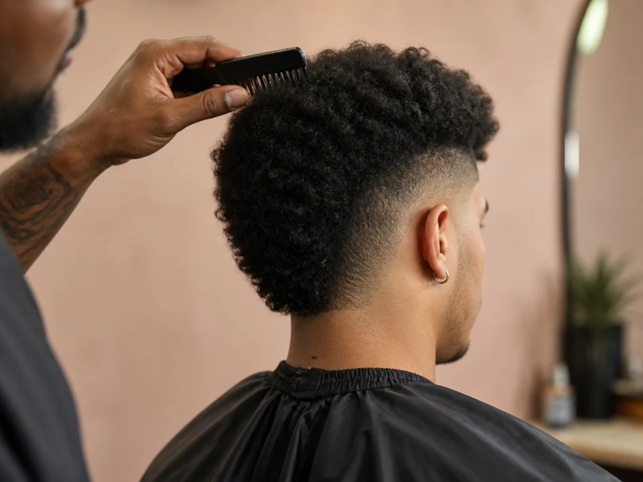 A barber picking out an afro before cutting a burst arc