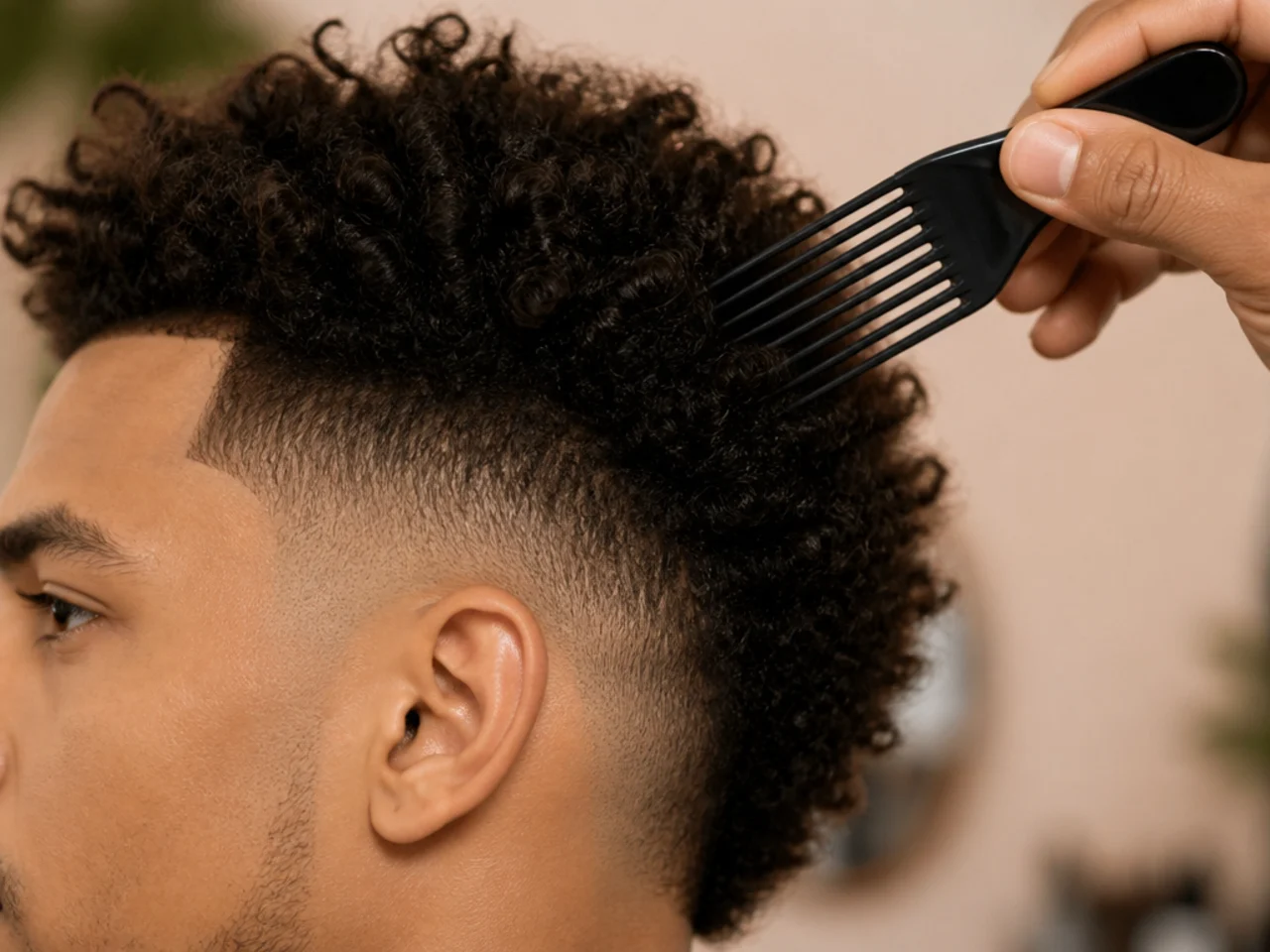 An afro being picked out around a burst fade arc